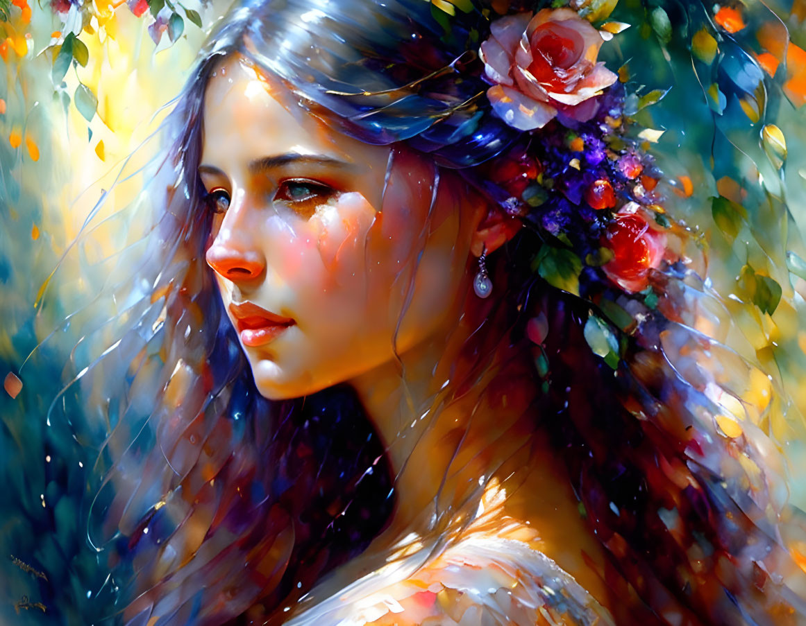 Colorful Impressionistic Painting: Woman with Flowered Hair