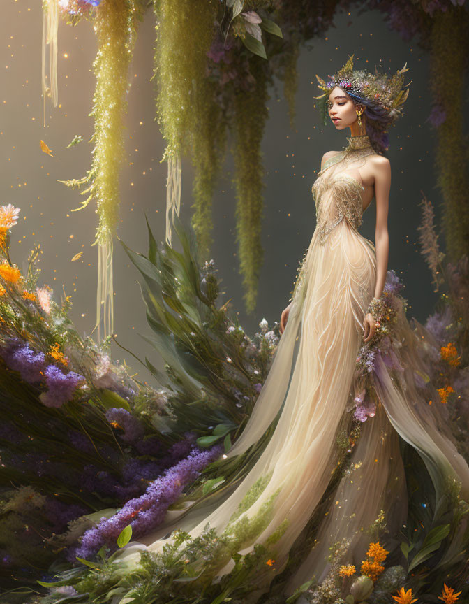 Woman in floral gown in mystical forest with purple flora