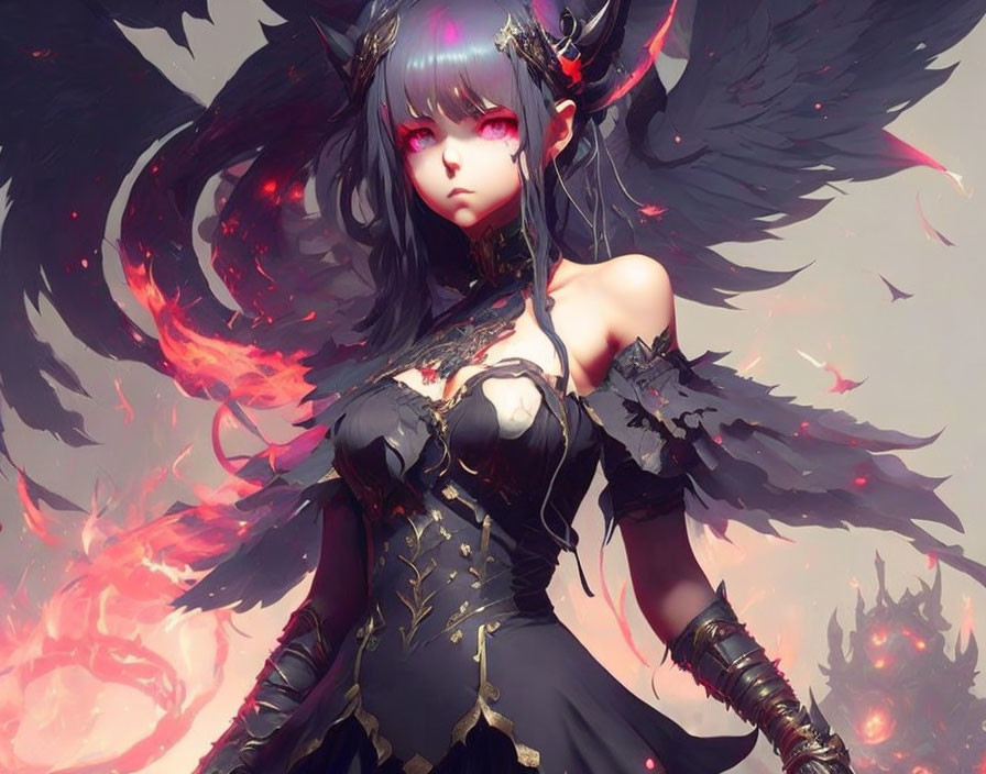 Dark angel wings, red eyes, black gothic outfit on anime-style character surrounded by fiery aura and