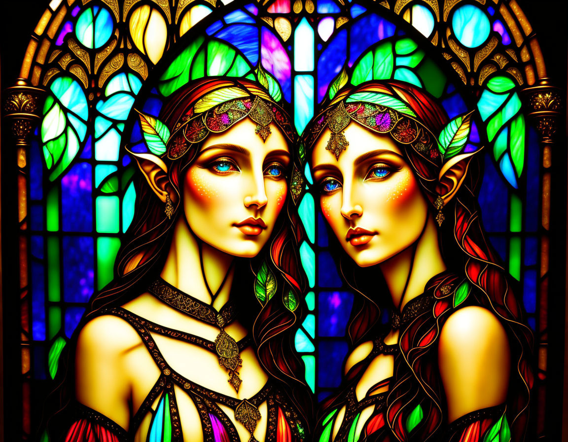 Stylized elf-like characters with pointed ears in front of vibrant stained glass