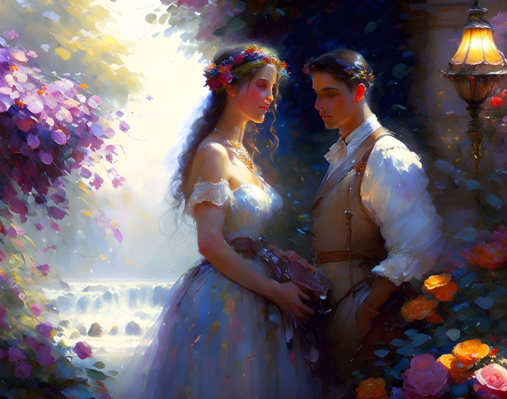 Couple holding hands in dreamy flower-filled scene