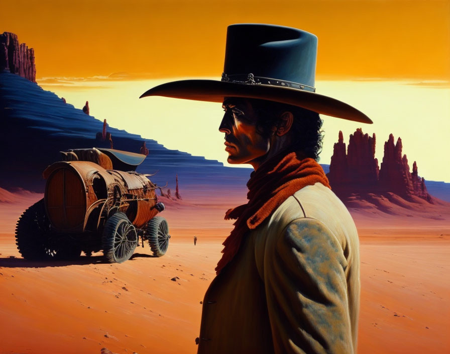 Cowboy hat person in desert with futuristic wagon & rock formations