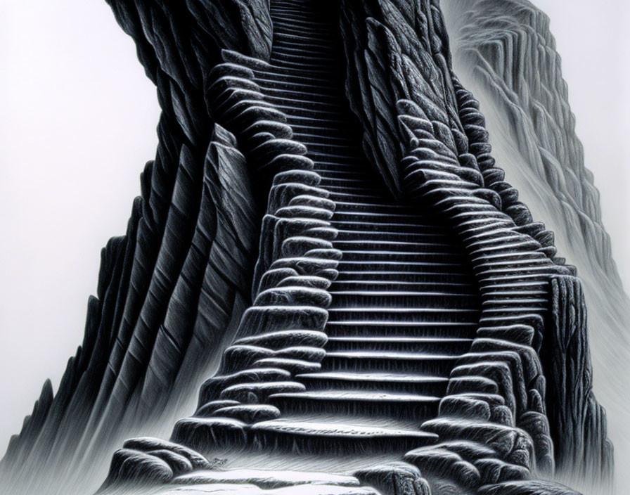 Surreal monochrome staircase illustration with rock-like textures