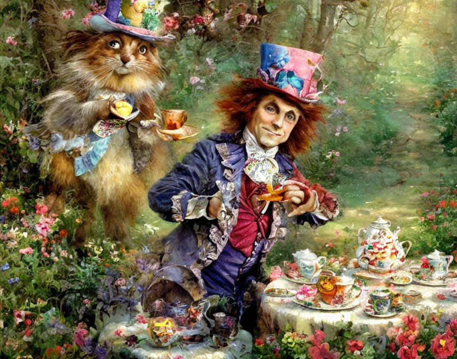 Whimsical tea party illustration with character in top hat & feline companion