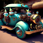 Turquoise Steampunk Vehicle with Brass Accents and Gnome Figures