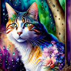 Vibrant cat illustration with gem-like eyes and floral backdrop