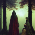 Cloaked Figures in Mystical Forest with Castle-Like Structure