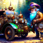 Whimsical steampunk gnome with mechanical car in magical forest