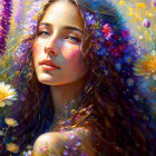 Portrait of woman with long wavy hair and colorful flowers, looking contemplative