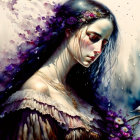 Melancholic woman with flowers and bird in purple and white watercolor swirls