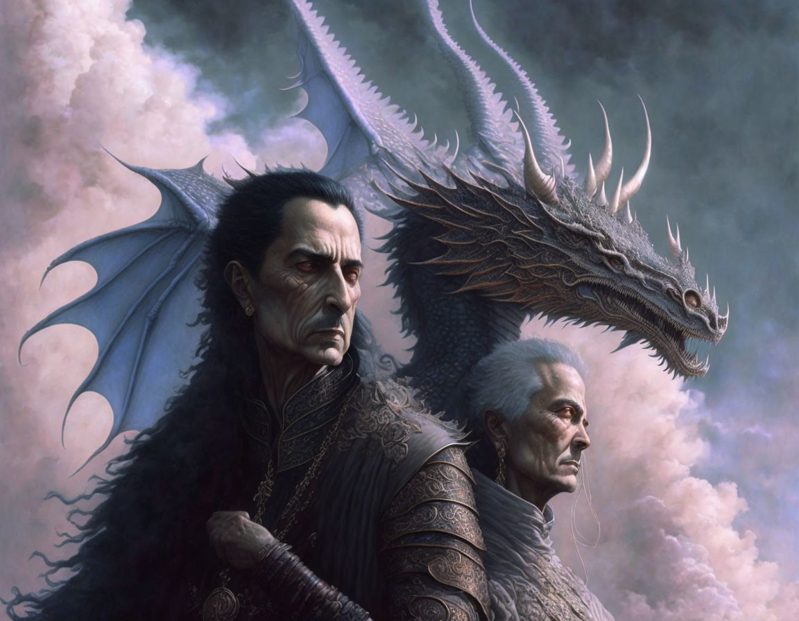 Fantasy illustration of two stern-faced men with majestic dragon in cloudy sky