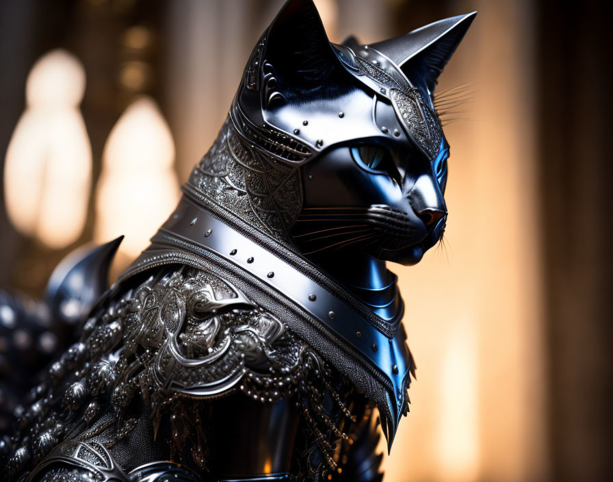 Detailed Metallic Black Cat Sculpture in Ornate Armor with Blurred Background