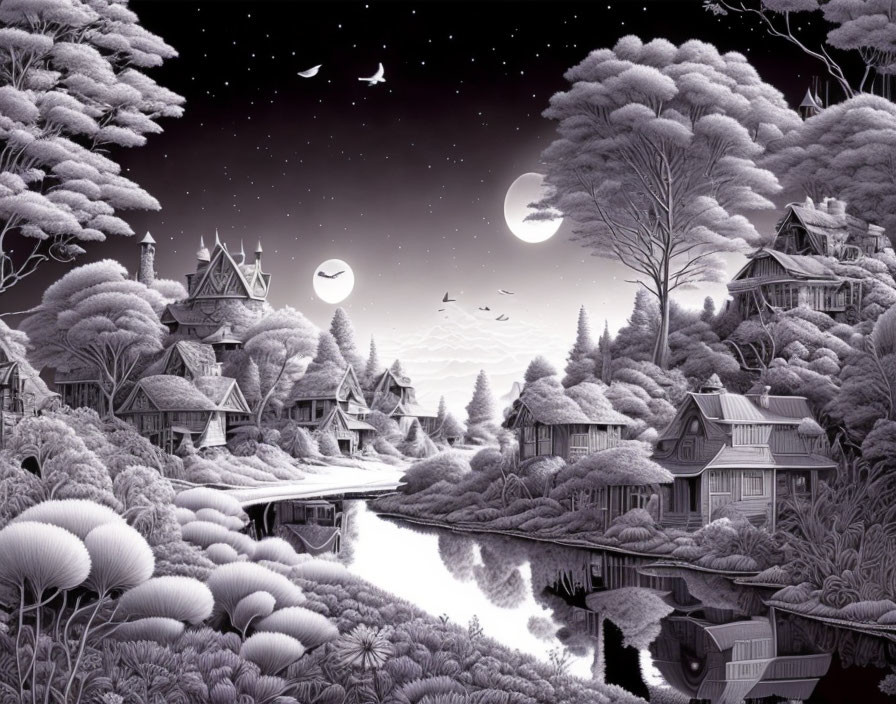 Monochrome illustration of tranquil village under starry sky