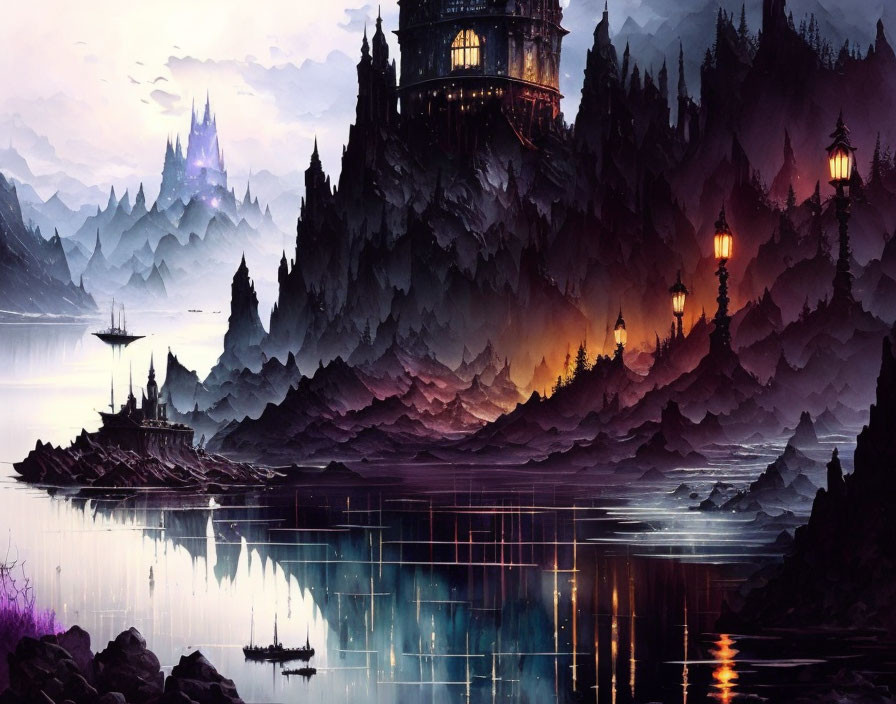 Mystical landscape with castle on cliff, lanterns, serene lake, mountains at twilight