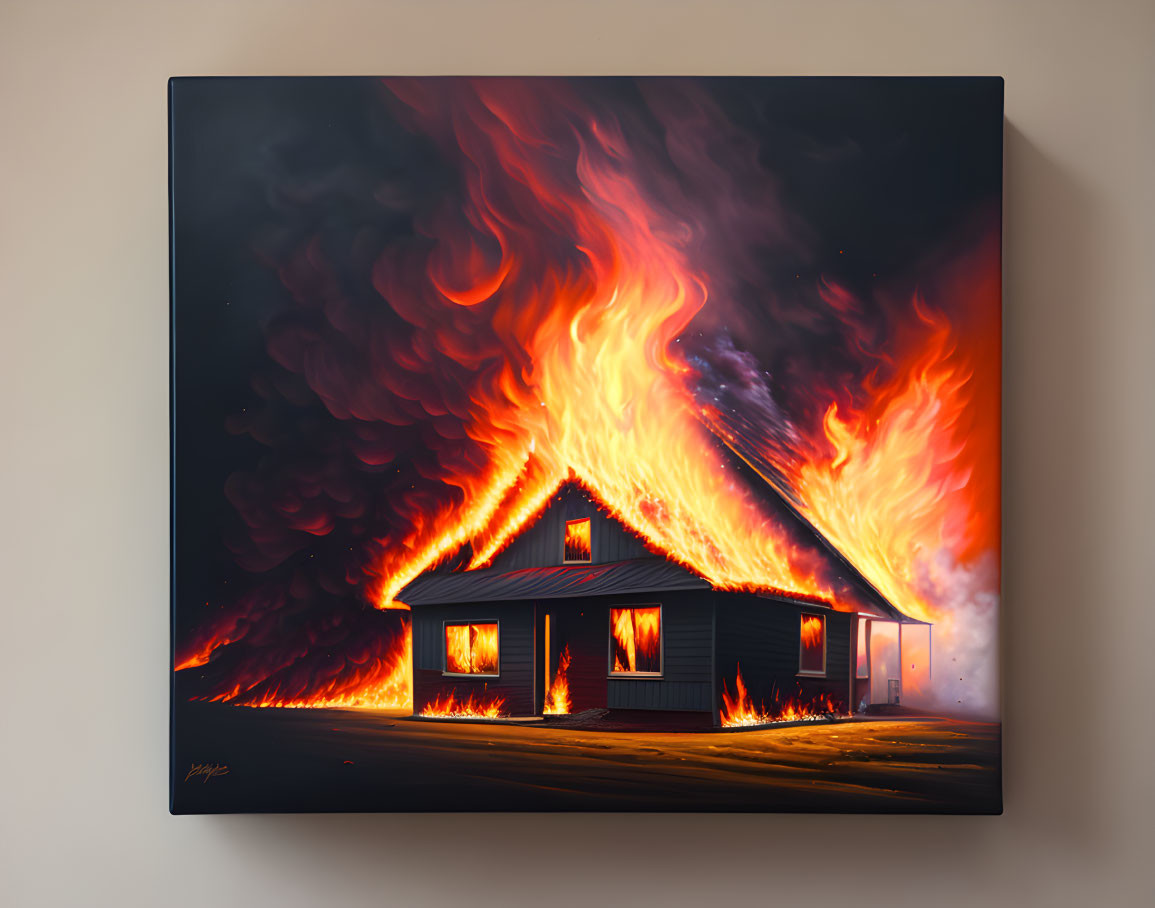 House on Fire Canvas Print with Bright Flames and Dark Background