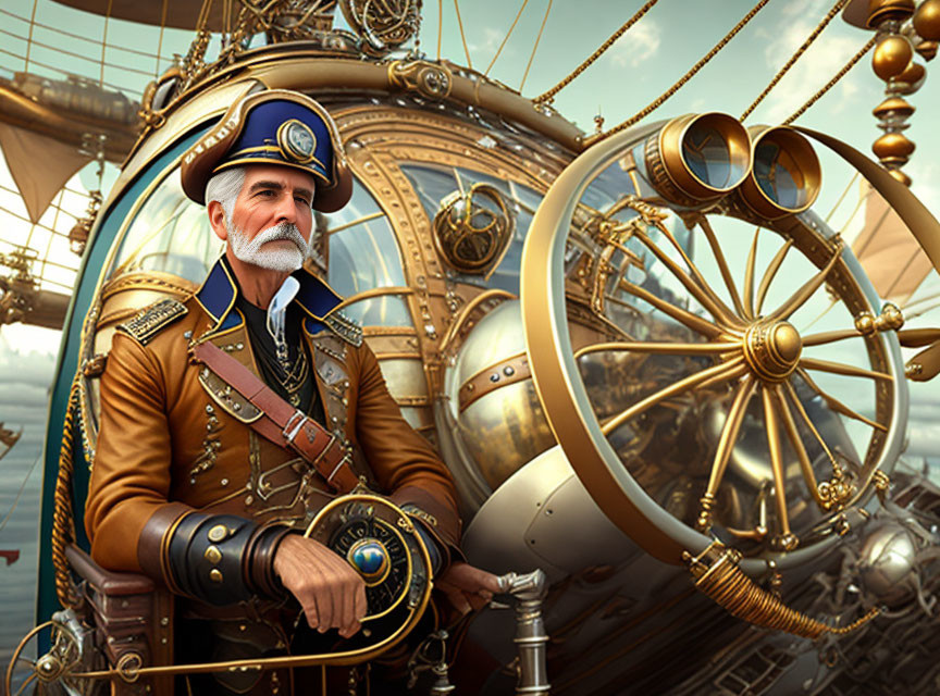 Elaborate steampunk naval uniform on man at airship helm