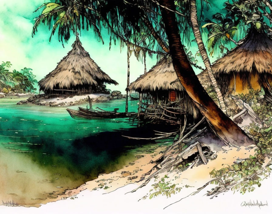 Tranquil Tropical Beach Scene with Huts, Boat, Palm Trees