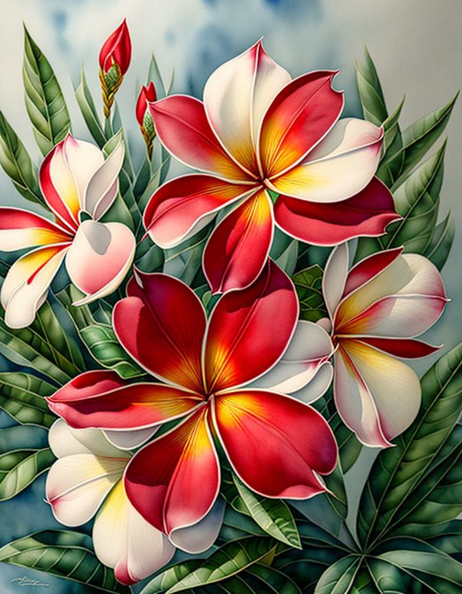 Vibrant Red and White Frangipani Flowers with Green Leaves on Hazy Background