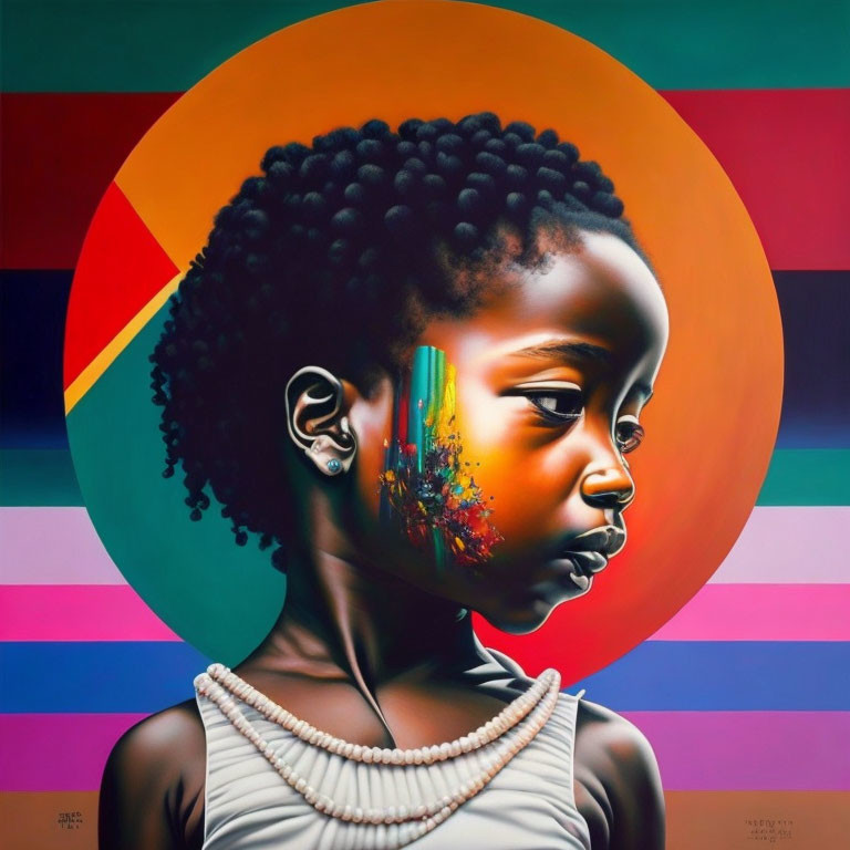 Colorful Painted Young Girl Against Striped Background with Circular Aura