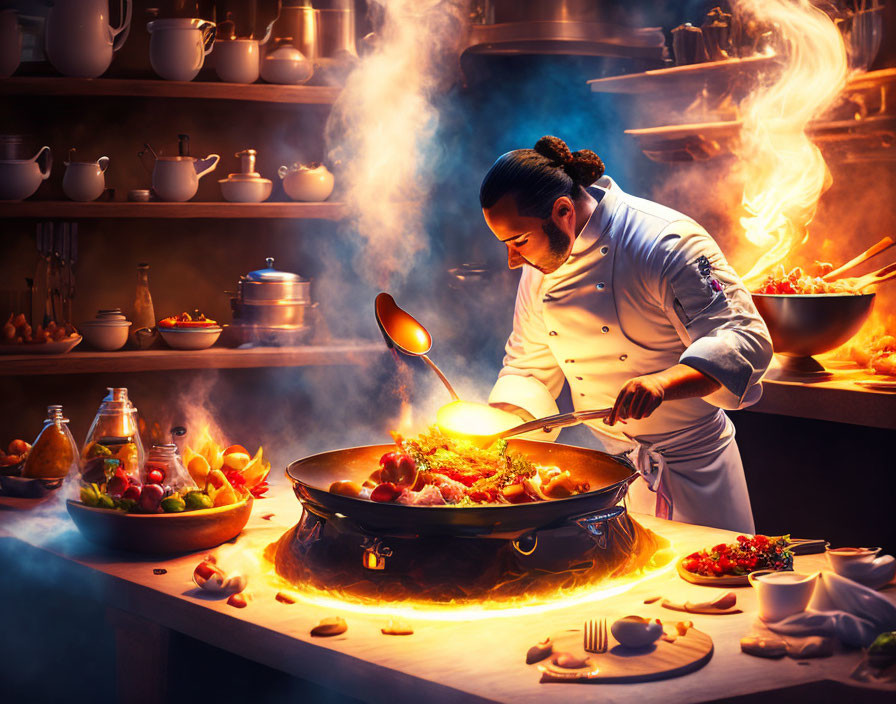 Professional chef stir-frying food in a flaming wok in busy kitchen