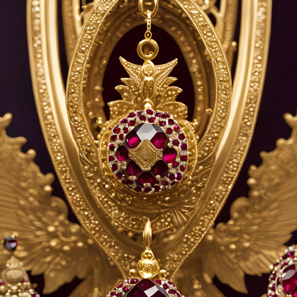 Intricate Golden Jewelry Piece with Red Gemstones and Diamond