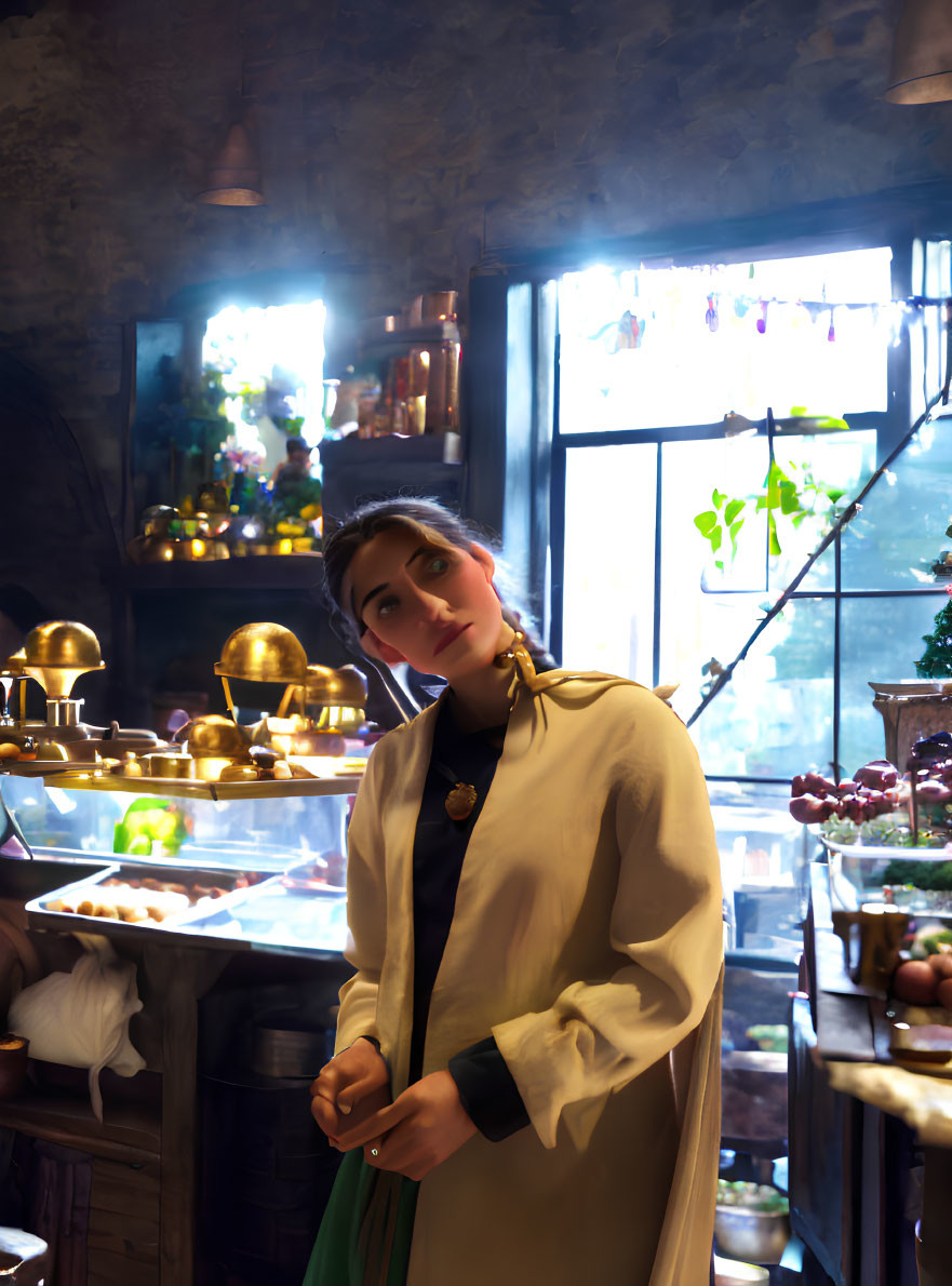 Woman in white coat and green garment in vintage café with antique décor