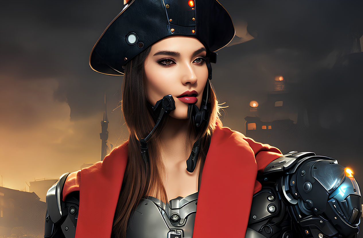 Futuristic soldier woman in metal armor suit and tricorne hat amidst industrial cityscape