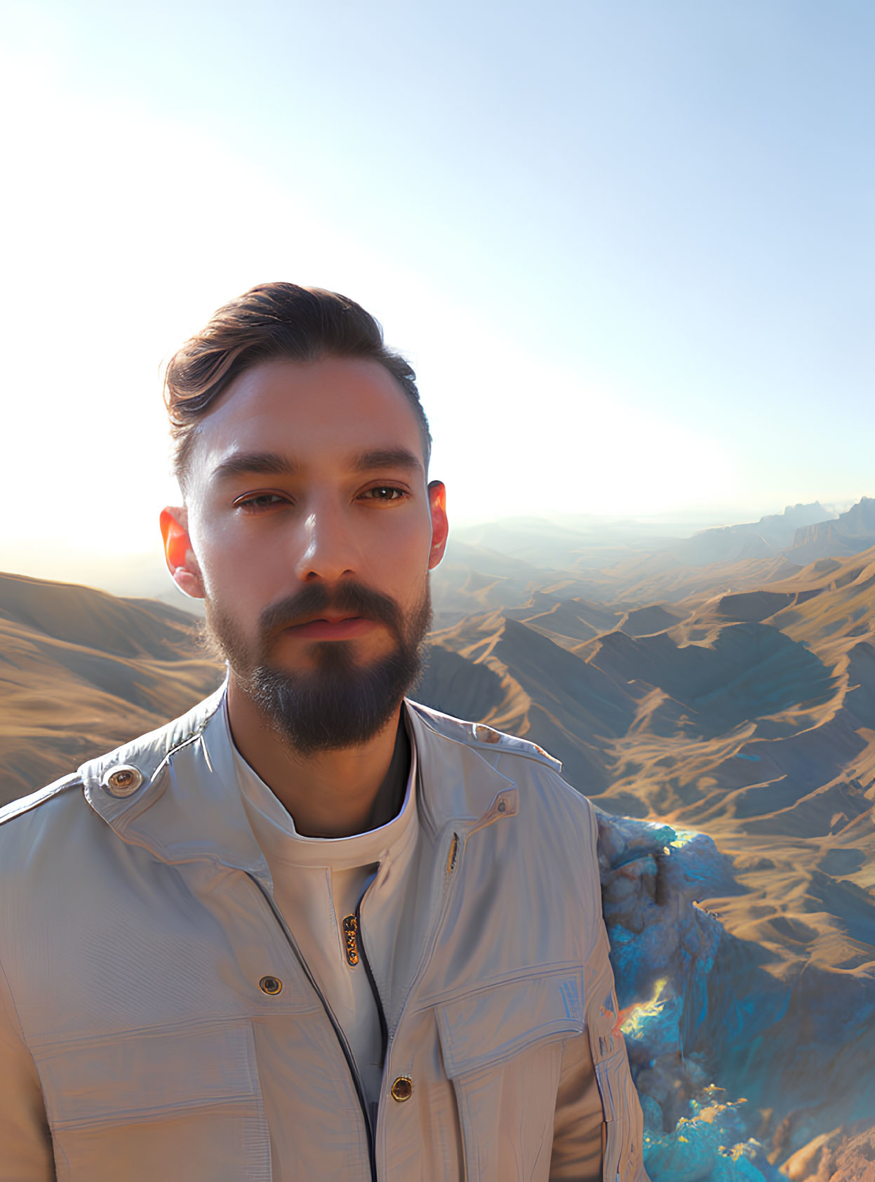 Bearded man in light jacket against desert mountains at sunrise or sunset