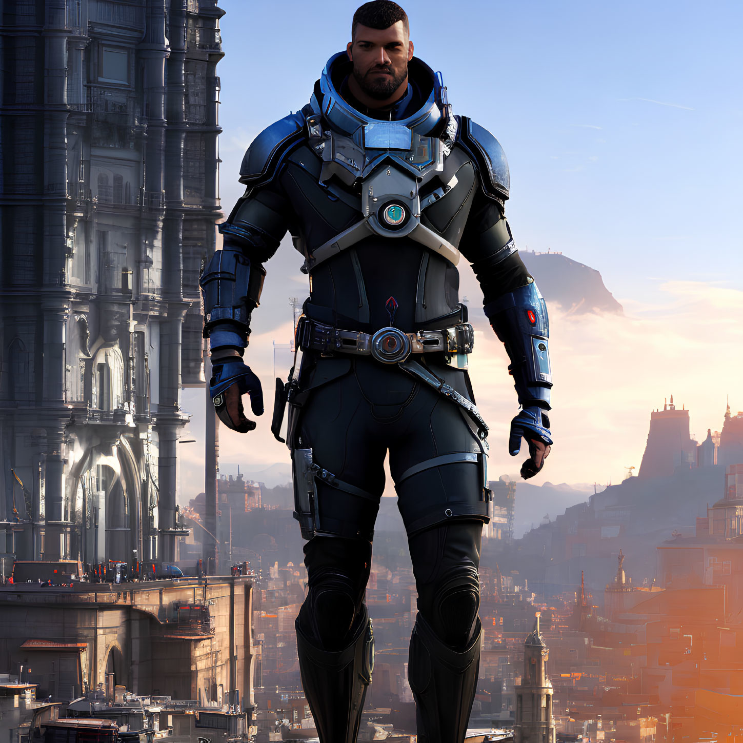 Bearded man in futuristic armored suit in advanced cityscape at dawn or dusk