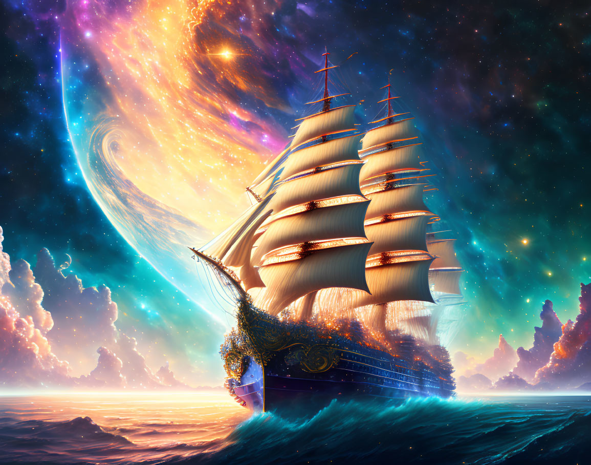 Colorful digital artwork: majestic sailing ship in cosmic seas under star-filled sky.