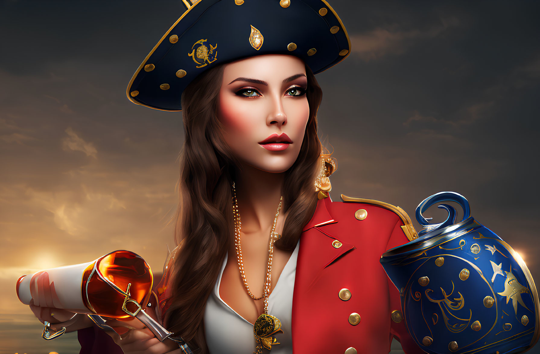 Digital illustration: Woman in naval officer uniform with tricorn hat, telescope, blue pot, sunset sky