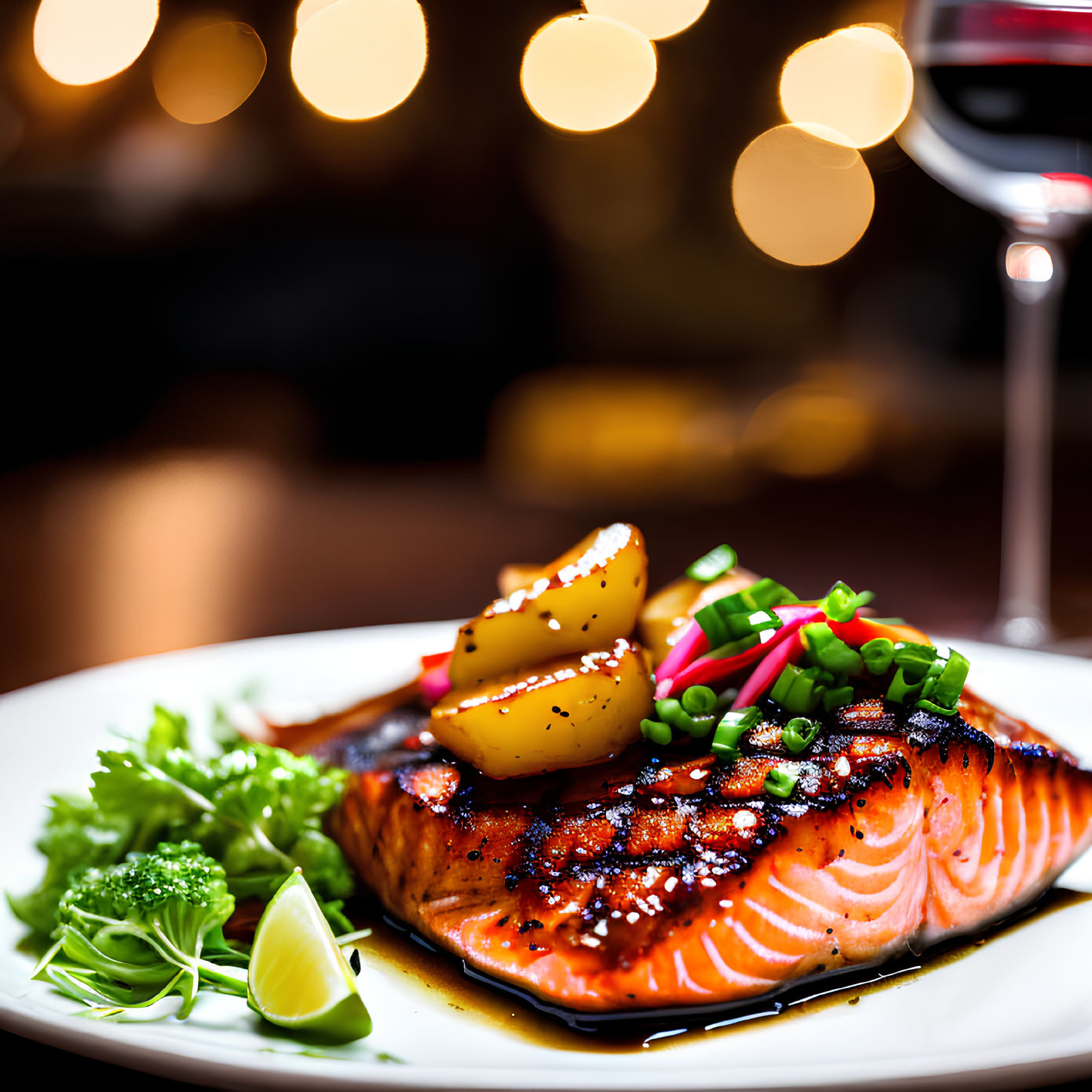 Grilled Salmon Fillet with Herbs, Lemon Slice, Vegetables, Poached Pear, and