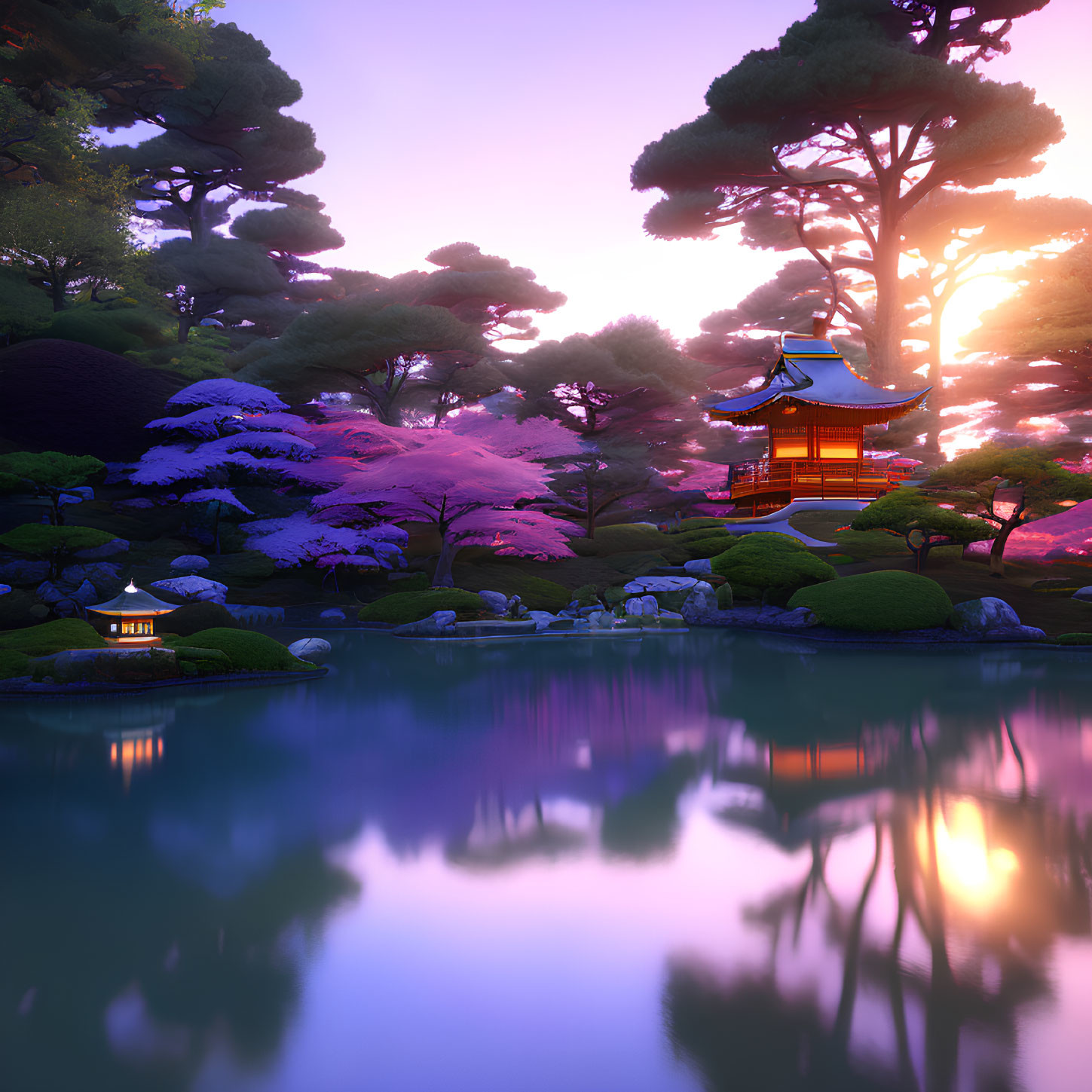 Tranquil Japanese garden at sunset with pagoda, cherry blossoms, and lush trees