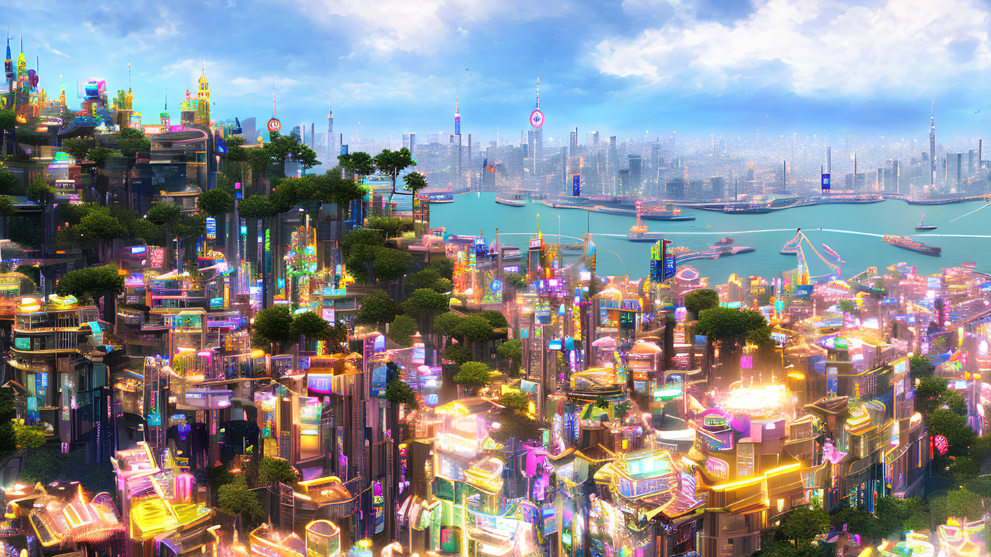 Futuristic cityscape with neon-lit skyscrapers and waterways