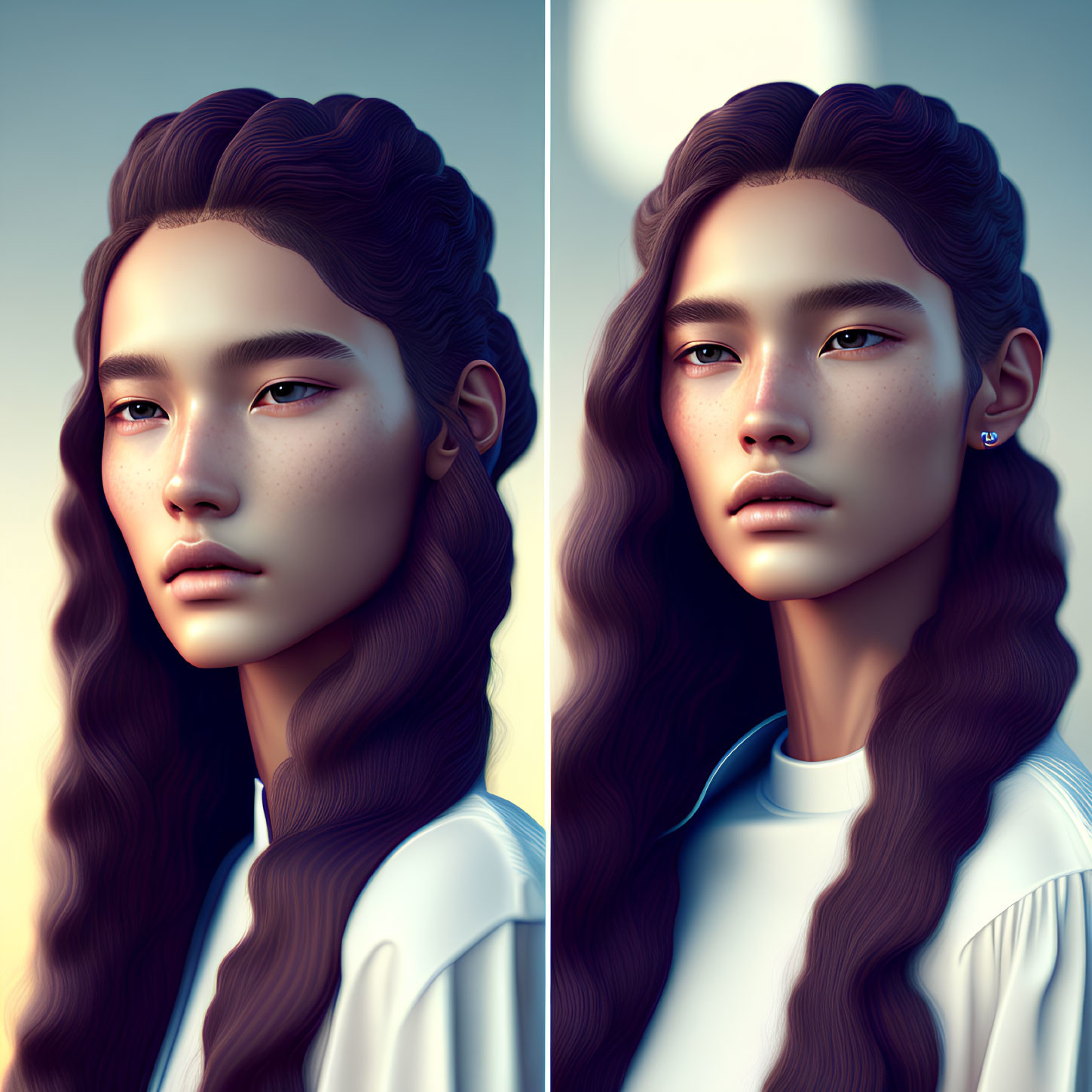 Person with Long Brown Hair in Two Light Settings: Digital Artwork of Blue Accents & Detailed Facial