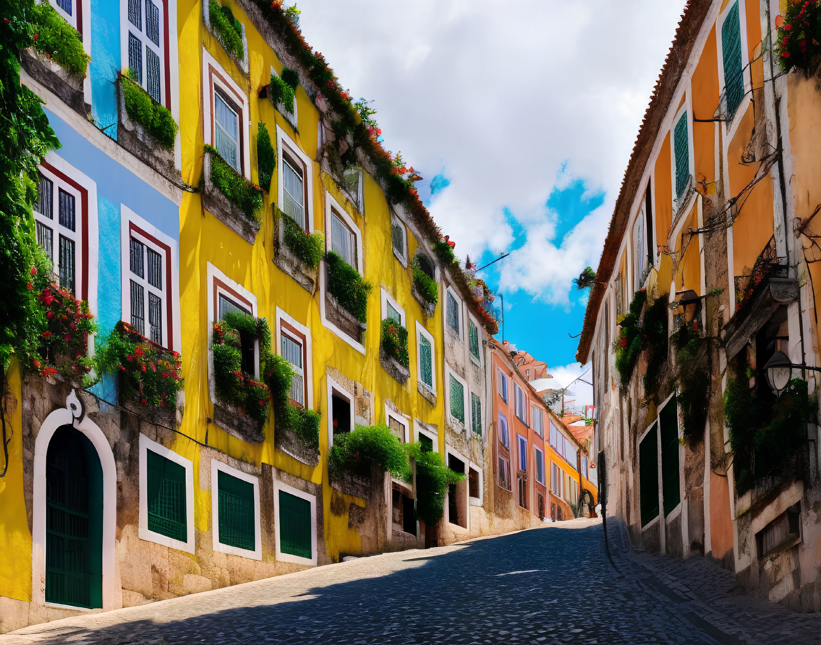 Colorful Traditional Houses on Cobblestone Street in Quaint European Town