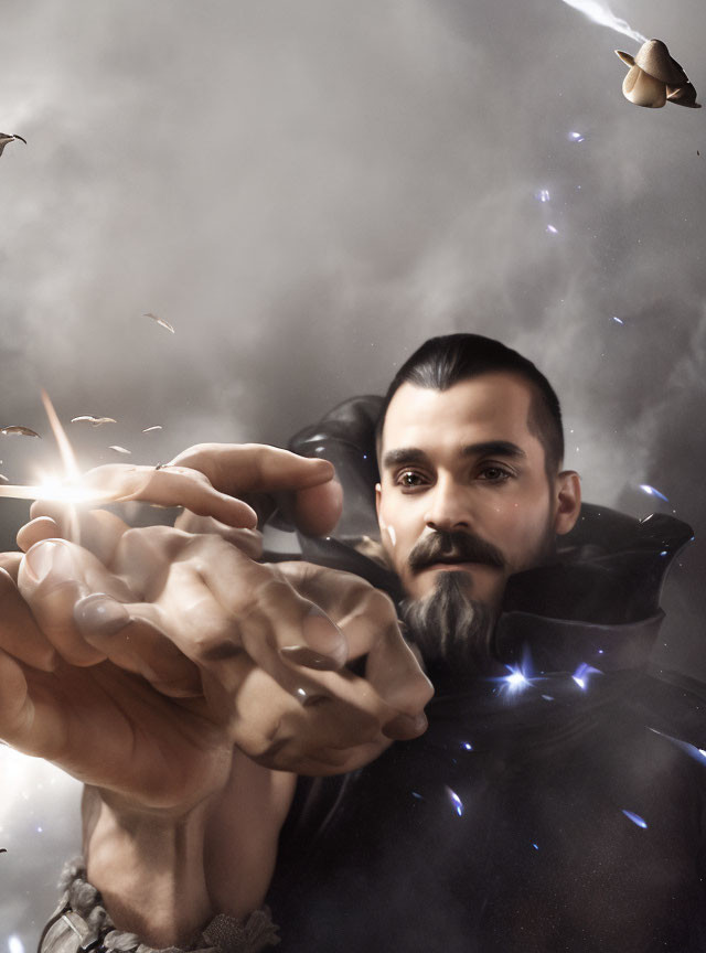 Bearded man with sparks and floating hat against dramatic sky