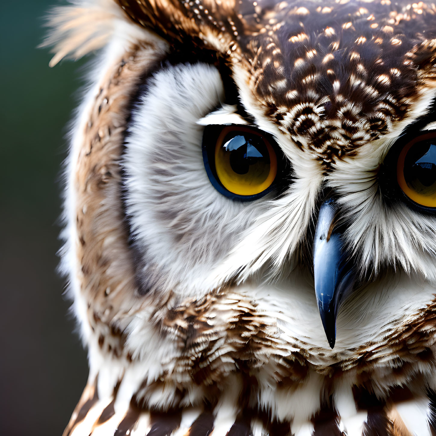 Detailed close-up of owl's face with yellow eyes and sharp beak