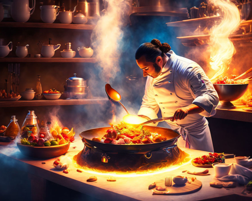 Professional chef stir-frying food in a flaming wok in busy kitchen