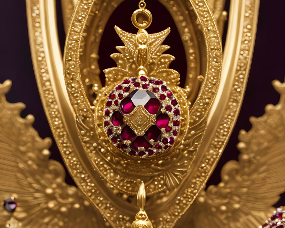 Intricate Golden Jewelry Piece with Red Gemstones and Diamond