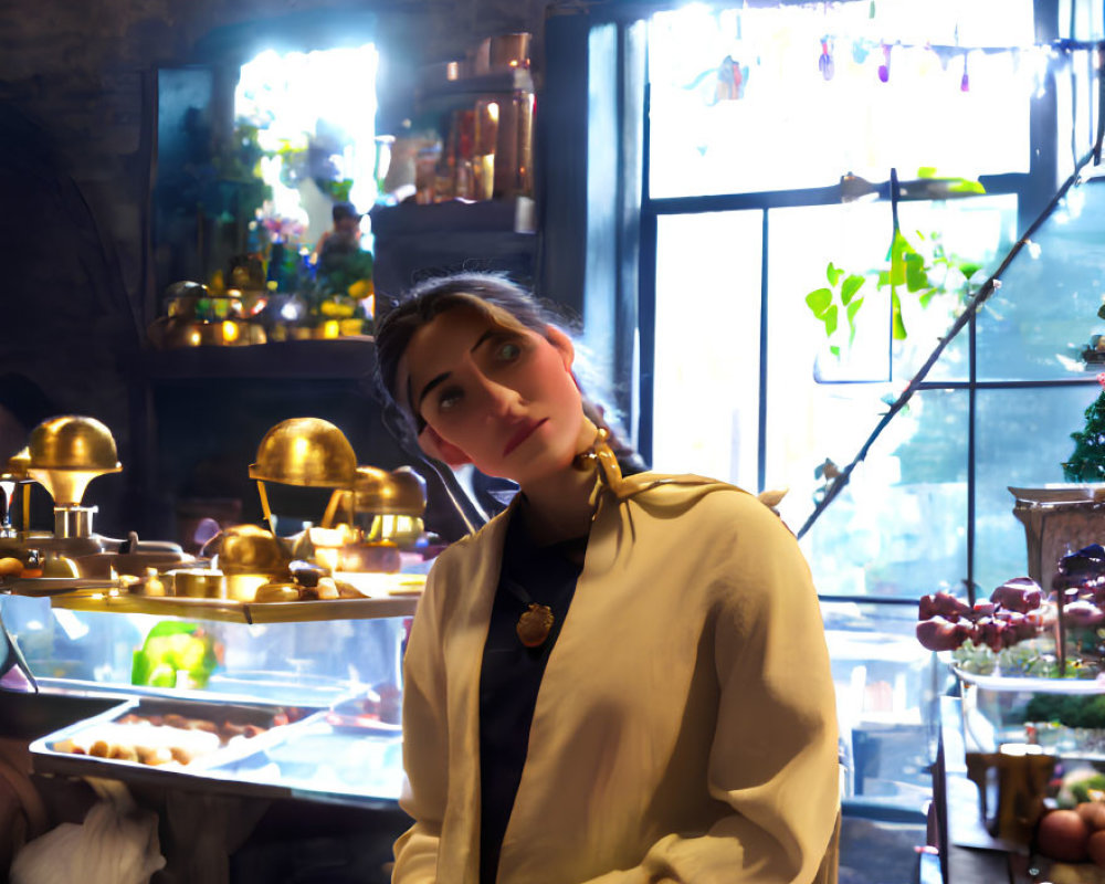 Woman in white coat and green garment in vintage café with antique décor