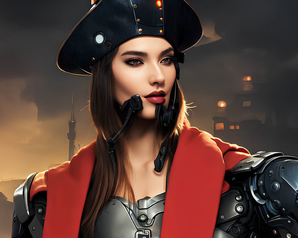 Futuristic soldier woman in metal armor suit and tricorne hat amidst industrial cityscape