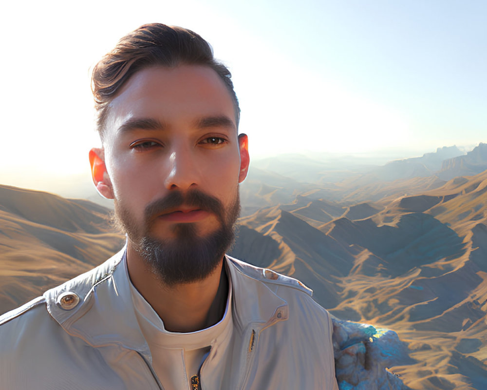 Bearded man in light jacket against desert mountains at sunrise or sunset