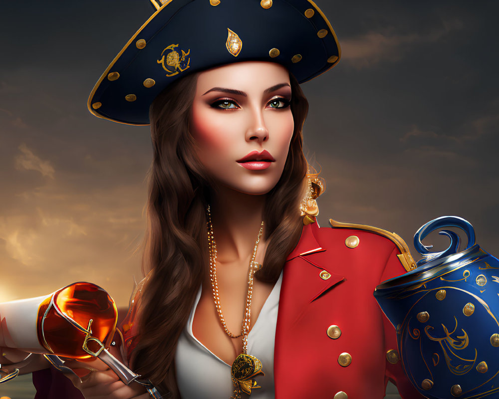 Digital illustration: Woman in naval officer uniform with tricorn hat, telescope, blue pot, sunset sky