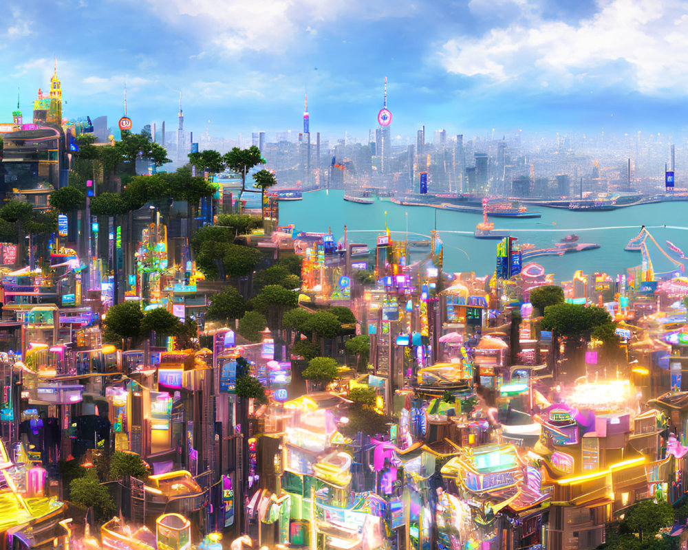 Futuristic cityscape with neon-lit skyscrapers and waterways