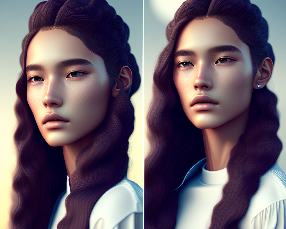 Person with Long Brown Hair in Two Light Settings: Digital Artwork of Blue Accents & Detailed Facial