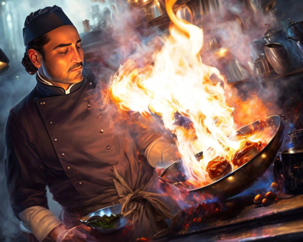 Chef flambeing food in a pan with large flame in dark kitchen