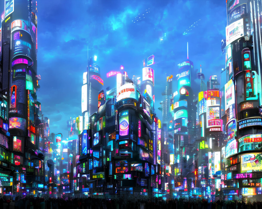 Futuristic night cityscape with neon signs, billboards, crowd, and flying vehicles