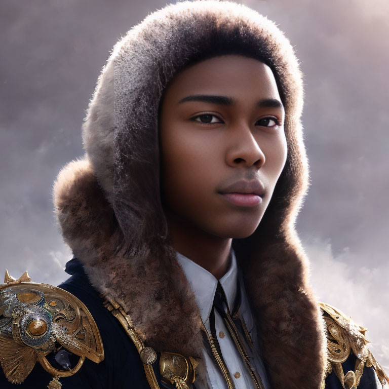 Portrait of a young person in fur-lined hat and military jacket on cloudy backdrop