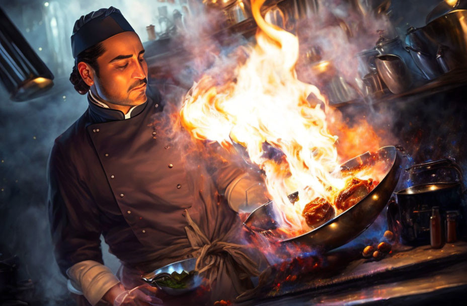 Chef flambeing food in a pan with large flame in dark kitchen